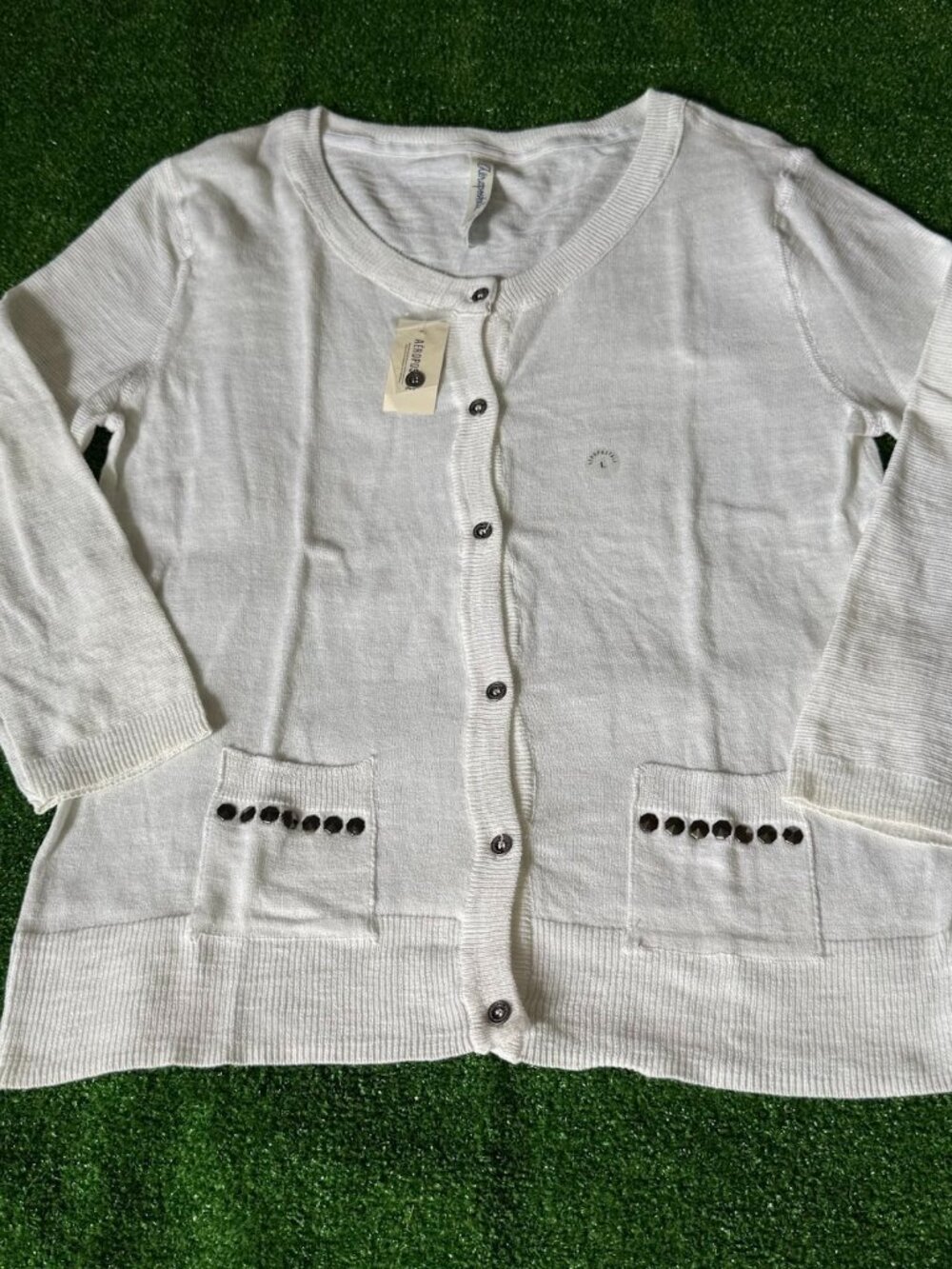 Aeropostale White Knit Cardigan Studded Pocket Detail Button Front NWT Women's L